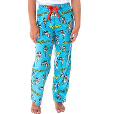 This is an Officially Licensed girl's Wonder Woman pajama pants, guaranteed!!! Wonder Woman is perhaps the most well-known female superhero of all-time! She easily holds her own with other powerful members of the Justice League like Superman, Batman, Flash, and Green Lantern! She is truly an aspiring character for young girls to look up too! These children's sleep pants feature a wonderful allover Wonder Woman character, script, and, WW logo pattern done in retro style with her classic costume o Cotton Bottoms With Character Print For Pajama Party, Blue Character Print Sleepwear For Pajama Party, Cotton Bedtime Bottoms With Cartoon Print, Playful Cartoon Print Bottoms For Sleepover, Playful Character Print Bottoms For Loungewear, Playful Character Print Loungewear Bottoms, Character Script, Wonder Woman Vintage, Flash And Green Lantern