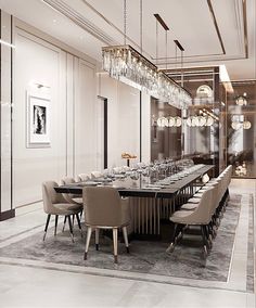 an elegant dining room with chandelier and table set for eight, in neutral tones