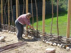 a woman placing rocks on the side of a fence to make it look like they are going