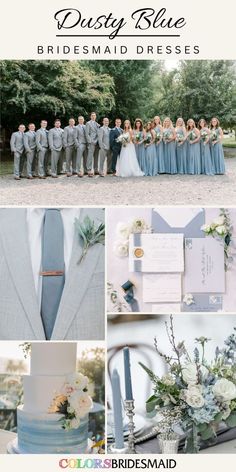 a collage of photos with blue and white wedding colors