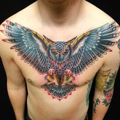 a man with an owl tattoo on his chest