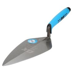 a blue handled shovel with a black handle on it's side and an aluminum blade in the middle