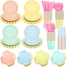 a set of paper plates, cups and utensils