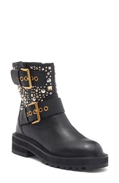 Mixed metal studs and a pair of roller-buckle straps define the street-savvy look of a moto-inspired boot. An eagle's head stud glistens on the shaft, marking a signature finish. 1 3/4" heel 6 2/3" shaft Side zip closure Leather upper/textile lining/synthetic sole Imported Eagle Head, Kurt Geiger, Boot Shoes Women, Biker Boot, Mid Calf, Side Zip, Comb, Nordstrom Rack, Knee High