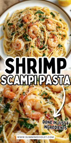 shrimp scampi pasta on a plate with lemons and parsley