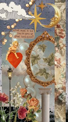 an artistic collage with flowers, stars and a heart in the middle is shown