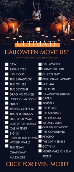 the ultimate halloween movie list with pumpkins and jack o lanternes in front of it