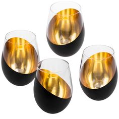 PRICES MAY VARY. Set of 4 stemless wine glasses embellished with matte black and gold plating ideal for white and red wines or non-alcoholic beverages Each glass is perfect for 5 oz pours, can hold up to 8 oz of wine to the rim **Hand wash only; Not dishwasher safe** Matte black and gold plating give the glasses a stylish contemporary aesthetic great for parties, weddings, and other social occasions Stemless design allows heat from hands to raise temperature of over-chilled white wines or raise Anniversary Wine Glasses, Gold Wine Glasses, Elegant Wine Glasses, Fun Wine Glasses, Best Red Wine, Stemless Champagne Flutes, Wine Tasting Events, White Wines, Red Wine Glasses