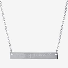 Add this silver treasures sterling silver 16 inch love you more bar pendant necklace to your jewelry collection today! This bar necklace is crafted in quality sterling silver, 16 inches in length with a 2 inch extender and has a spring ring clasp closure. Wear this bar necklace alone or stacked with your other favorite necklace choices. Necklace is boxed for gift giving! Wipe necklace clean with a soft cloth.Features: Nickel Free, In A Gift Box, InspirationalJewelry Closure: Spring Ring ClaspLin Bar Pendant Necklace, Bar Pendant, Love You More, Bar Necklace, Spring Rings, Jewellery And Watches, Gift Box, Silver Necklace, Jewelry Collection