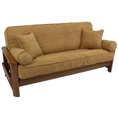 a futon couch with two pillows on it and a wooden frame around the armrests