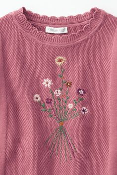 An embroidered wildflower bouquet adds a delicate note to this textured seed-stitch pullover, finished with a scalloped neckline and smooth-knit panels at the sides. | Women's Enchanted Blossoms Sweater - Mesa Rose - 3X - Plus Size Flower Hand Embroidered Sweater, Vintage Inspired Sweater, Floral Applique Sweater, Costal Grandma Sweater, All Too Well Short Film Sweater, Gradma Sweaters, Embroidered Winter Sweater, Best Places To Shop For Cottage Core Clothes, Cute Sweaters Patterns