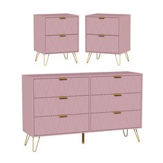 two pink dressers with gold handles on each side and one in the same color