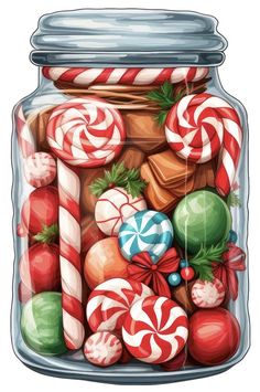 a jar filled with lots of candy canes and candies on top of each other