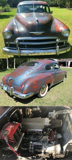 an old car that has been painted to look like it is in the process of being restored