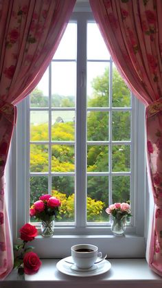 a cup of coffee on a saucer in front of a window with pink curtains