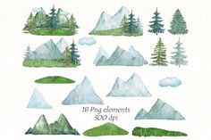 watercolor mountain and trees clipart set for use in digital stamps or embellishments