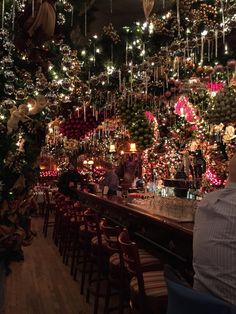 the bar is decorated with christmas lights and hanging decorations on the walls, along with people sitting at tables