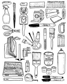 an assortment of kitchen utensils drawn in black and white