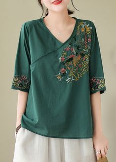 Women Blackish Green Embroidered Side Open Cotton Blouses SummerFabric: Cotton BlendedSize & Fit: Fit: This garment fits true to size.Length: Size XL measures 24.57"from shoulder to hemBust: Great for any cup size. Waist: Loose Fit. Comfortable room throughout midsection.Hip: Loose Fit - room for hips. Hand Wash Cold. Long Fall Dresses, Half Sleeve Tops, Printed Long Dresses, Half Sleeve Dresses, Comfortable Room, Denim Patchwork, Summer Fabrics, Denim Jumpsuit, Cup Size