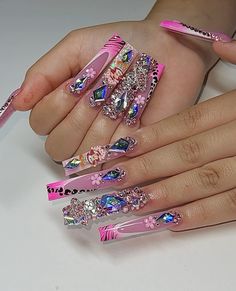 Blinged Out Pink Acrylic Nails, Extravagant Pink Nails, Long Square Acrylic Nails With Diamonds Pink, Long Square Acrylic Nails Pink With Gems, Paws And Claws, Dope Nail Designs, Unique Acrylic Nails, Birthday Nails, Long Square Acrylic Nails