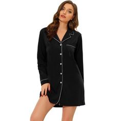 Great for loungewear, nightwear, sleepwear, home bedroom, daily wear. This loungewear pajamas shirt dress for women is constructed of super soft fabric, comfy, breathable, and skin friendly, make it convenient to take on/off,  keep you pretty and comfortable all day. Featuring mini length shirt dress and notched lapel design, soft and comfortable make you feel cozy all night, enjoy a comfortable sleep and sweet dream. No matter the cozy bedtime, casual home relax, laze afternoon, comfy bath, the Black Long Sleeve Party Sleepwear, Black Long Sleeve Nightgown For Loungewear, Black Long Sleeve Cotton Sleepwear, Pajama Shirt Dress, Black Long Sleeve Sleep Robe, Black Cotton Short-length Sleepwear, Casual Home, Lounge Dress, Night Shirt