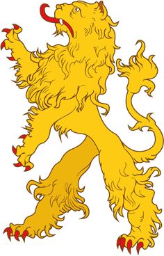 a yellow lion with red feet and claws