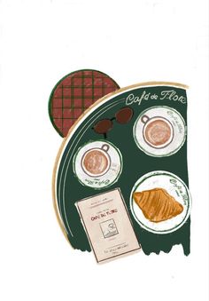 an illustration of coffee and pastries on a green plate with a red checkered table cloth