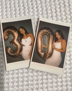 two polaroid photos of women holding balloons in the shape of numbers 30 and 35