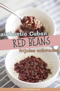 red beans in a white bowl with text overlay reading authentic cuban red beans friyados