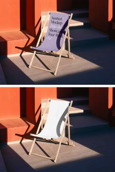 two pictures of a chair with a sign on it sitting in front of some steps