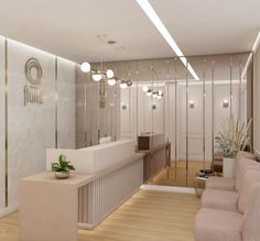 the interior of a modern office with white walls and wood flooring, beige chairs and tables