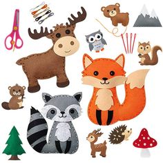 an assortment of felt animals are shown on a white background with scissors and other crafting supplies