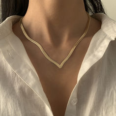 Sexy Elegant Gold Color Flat Snake Chain Short Necklace for Women Trendy Minimalist V-shaped V Necklace, Neck Accessories, Neck Jewellery, Gold Choker Necklace, Gold Choker, Chain Choker Necklace, Choker Collar, Short Necklace, Gold Plated Necklace