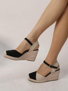 Zapatos corte cuña de punta de casquillo tira tobillera de alpargata lino | SHEIN USA Casual Ankle-high Wedge Sandals For Spring, Trendy Black Wedge Heel Espadrilles, Trendy Black Wedge Espadrilles, Casual Black High Heel Espadrilles, Black High Heel Espadrilles, Casual, Shoes Shein, Women Wedges, Trendy Womens Shoes, Summer Footwear