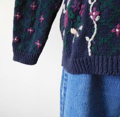 Vintage 1980s / 1990s Embroidered Sweater. Lovely pullover hand embroidered sweater with roses and vines. DETAILS - Brand: Christopher & Banks - Label Size: small - Color: navy blue, green, purple - Material: 55% ramie 45% cotton - hand embroidery - pullover style - small shoulder pads - long sleeves - minimal stretch knit - Note on condition: minimal pilling in fabric MEASUREMENTS (inches / centimers) - Length: 25 / 63.5 - Shoulders: 20 / 50.8 - Waist: 38 / 96.52 - Bust: 38 / 96.52 - Hip: 3 Embroidered Sweater Vintage, Hand Embroidered Sweater, Vintage Instagram, High Waisted Mom Jeans, Vintage Leather Jacket, Embroidered Sweater, Sweater Vintage, Pullover Sweater Women, Red T