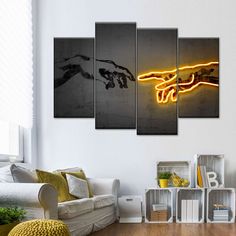 the creation of man's hand with glowing neon lights on it in a living room