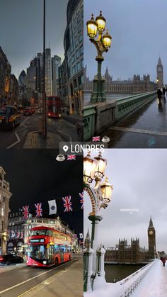 the london streets are covered in snow and lit up by street lamps