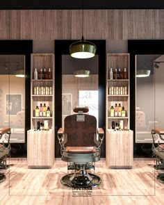 the interior of a hair salon with mirrors