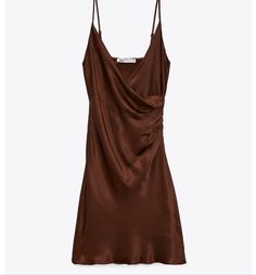 Surplice Neckline And Adjustable Spaghetti Straps, Ruching Detail At Side, Side Hidden Zip Pit To Pit 21" Length 37" 100% Viscose Satin Dress Brown, Brown Satin Dress, Zara Satin Dress, Stretchy Bodycon Dress, Zara Maxi Dress, Top Manga, Zara Black Dress, Camo Dress, Brown Satin