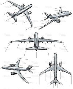 four different types of airplanes flying in the sky royalty - art illustrationiele de stock