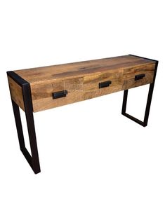 a wooden desk with two drawers and black metal legs on an isolated white background,