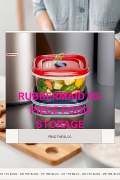 a person is holding a container with food in it and the words rubbermand 60 - refrigerated storage