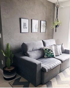 a living room filled with furniture and a potted cactus on the side of the couch