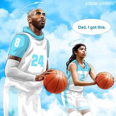 a man and woman are holding basketballs in front of the sky with an thought bubble above them