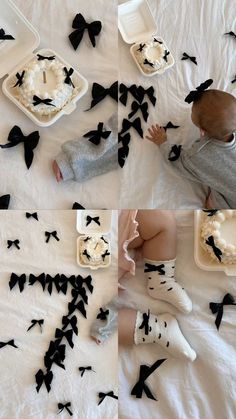 two babies are sitting on the bed with black bows scattered all over them and one baby is eating cake