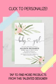 the baby girl announcement is displayed on a pink and white background with flowers, greenery,