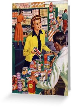 a woman is serving food to a man at the counter in a grocery store greeting card