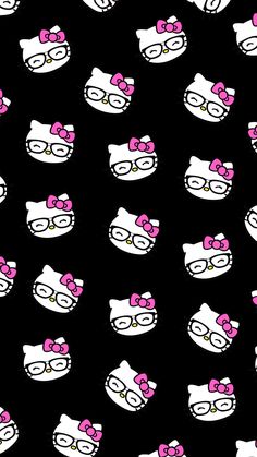 hello kitty wallpaper in black and pink with white cats wearing glasses, bow ties and headbands