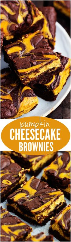 chocolate cheesecake brownies on a white plate with the title in orange and yellow