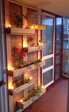 a room filled with lots of plants and lights on the windows sill next to a door